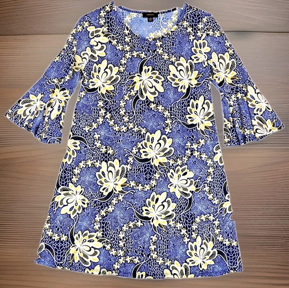 Espresso Medium Women's Dress Floral Print Round Neck 3/4 Bell Sleeve Stretch